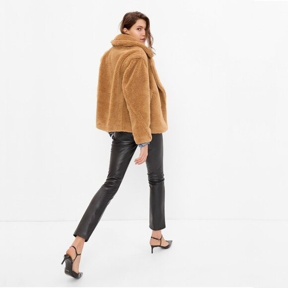 GAP Sherpa Moto Jacket Holiday Brown XS Teddy Coat Fuzzy Furry Cozy Camel #A1125 - Picture 5 of 10